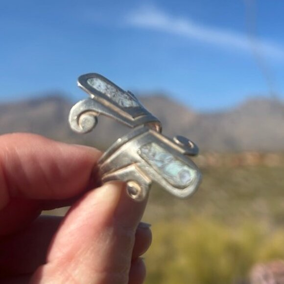 925 HECHO EN MEXICO JYG Abalone Bypass RING - Picture 1 of 9